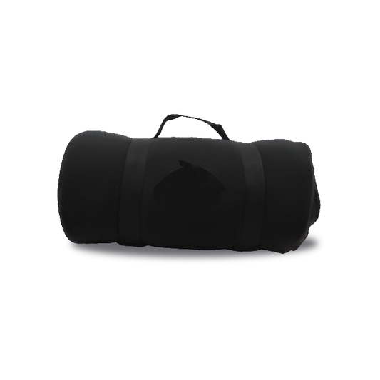 Black fleece travel blanket rolled and secured with a matching black carry strap, perfect for outdoor use and promotional branding