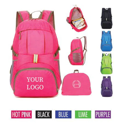 Foldable backpack 11"W x 6"D x 17"H shown in hot pink, black, blue, lime, and purple with custom logo option, compact and lightweight design