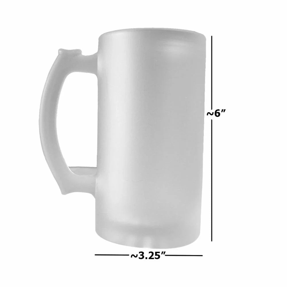 Frosted beer stein with handle, showing dimensions approximately 6 inches in height and 3.25 inches in diameter.