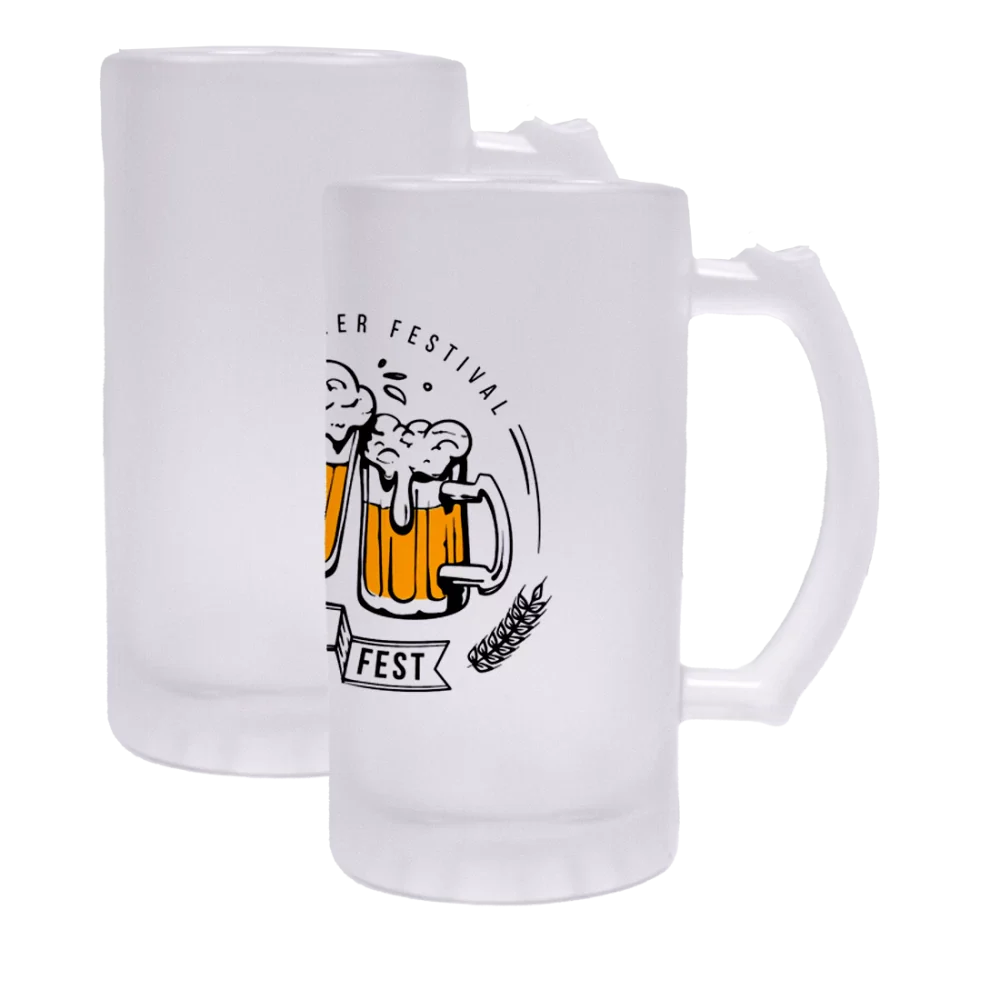 Frosted beer stein with full colour sublimation printed artwork featuring two foaming beer mugs and a wheat graphic.