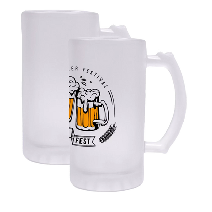 Frosted beer stein with full colour sublimation printed artwork featuring two foaming beer mugs and a wheat graphic.