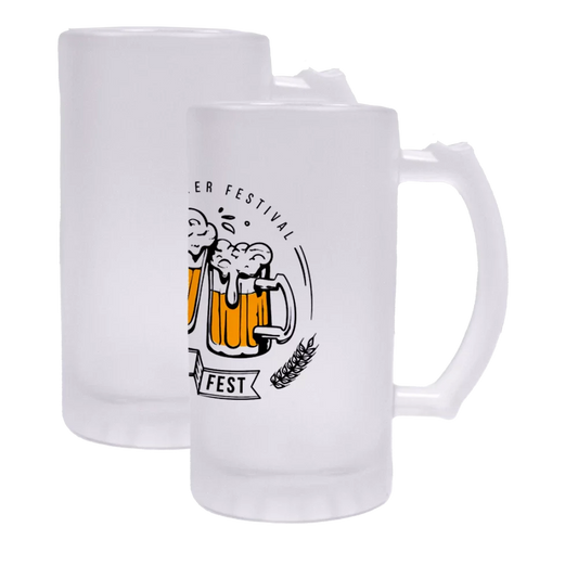 Frosted beer stein with full colour sublimation printed artwork featuring two foaming beer mugs and a wheat graphic.