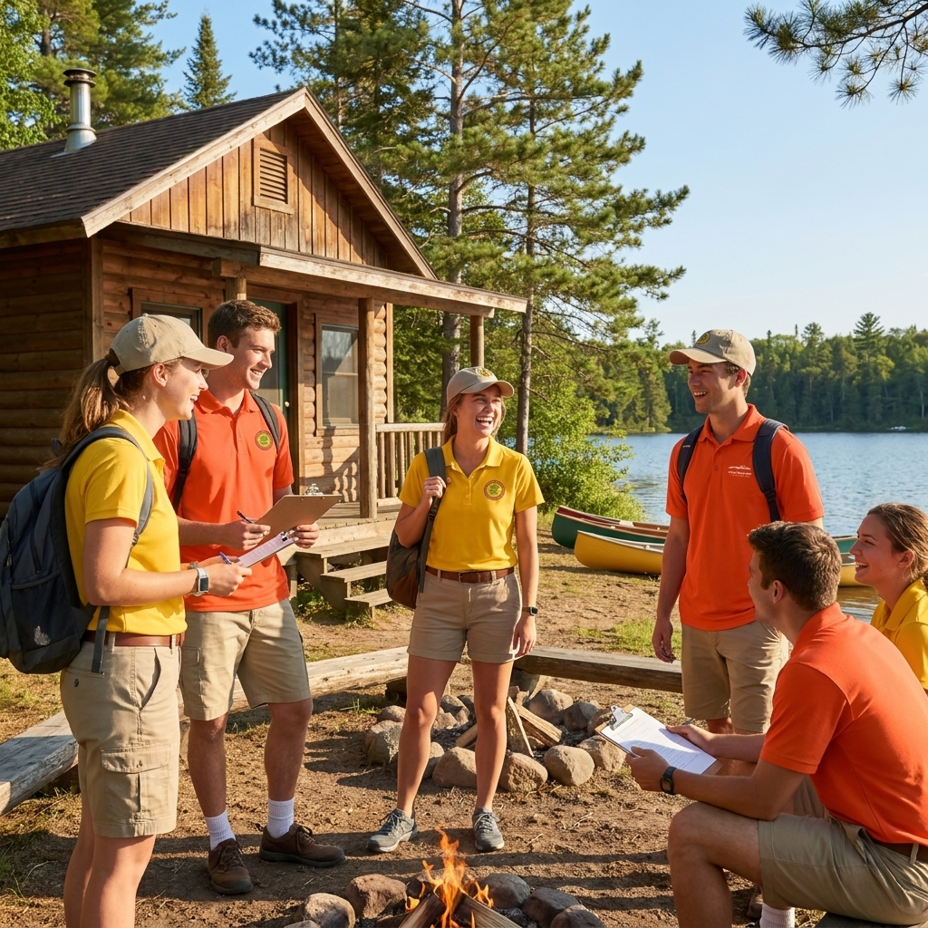 Group of people in yellow and orange shirts by a cabin with a lake in the background