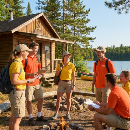 Group of people in yellow and orange shirts by a cabin with a lake in the background