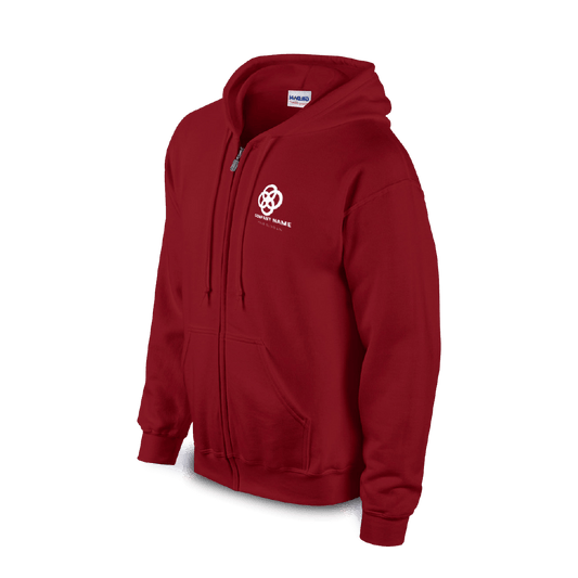 Gildan Heavy Blend maroon full-zip hooded sweatshirt with custom embroidered logo on chest