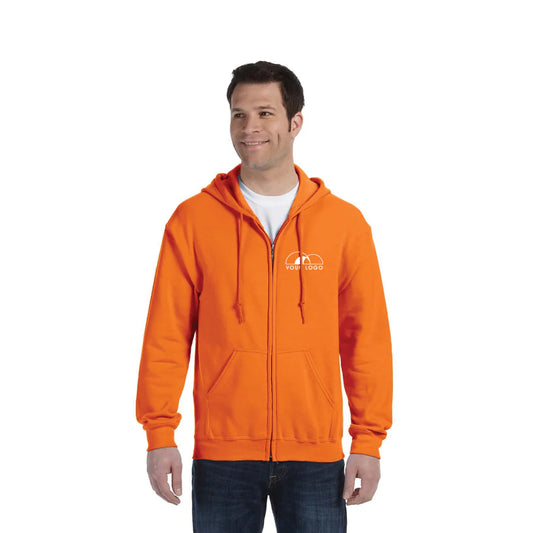 Man wearing Gildan Heavy Blend orange full-zip hooded sweatshirt with embroidered custom logo on chest