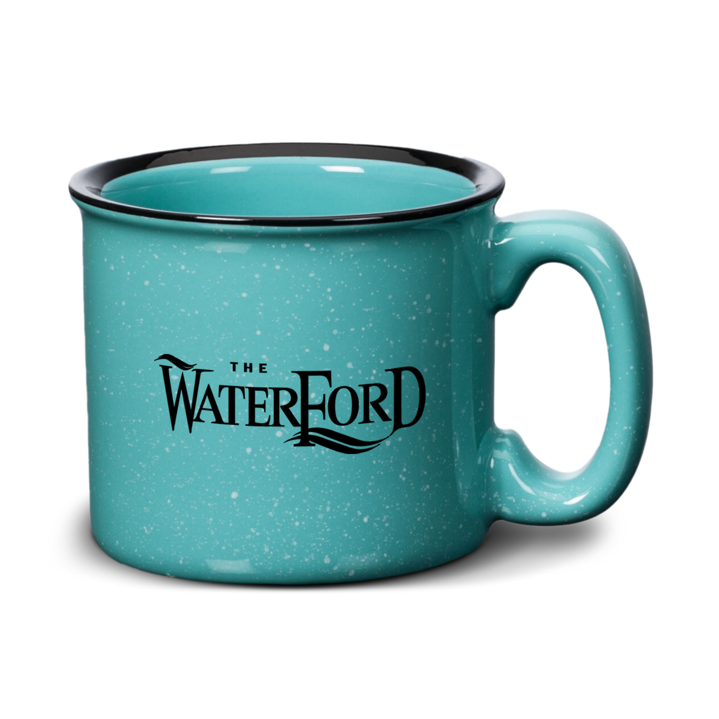 15oz Savannah granite-style ceramic mug in aqua speckled finish with black rim and Waterford logo printed on the front