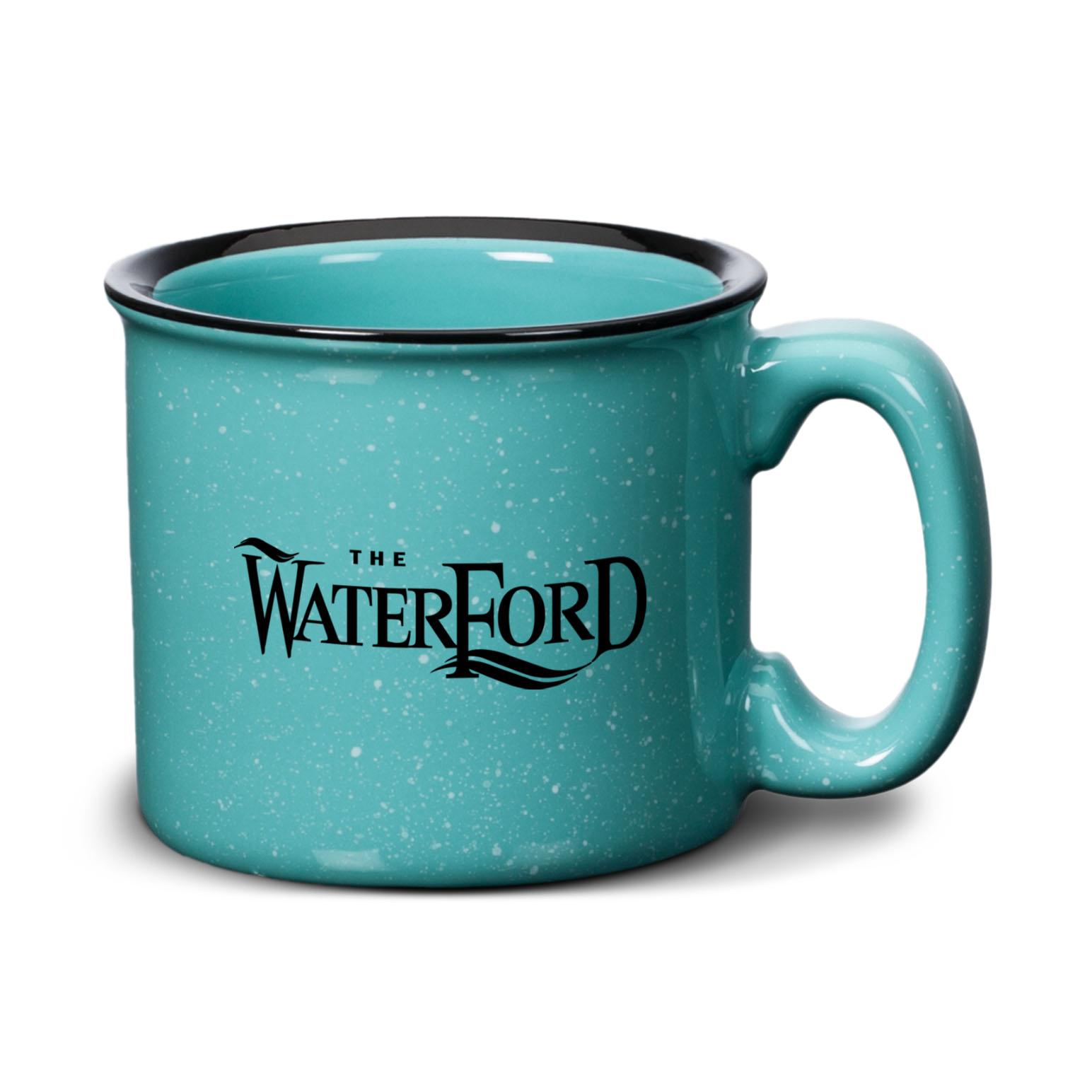 15oz Savannah granite-style ceramic mug in aqua speckled finish with black rim and Waterford logo printed on the front