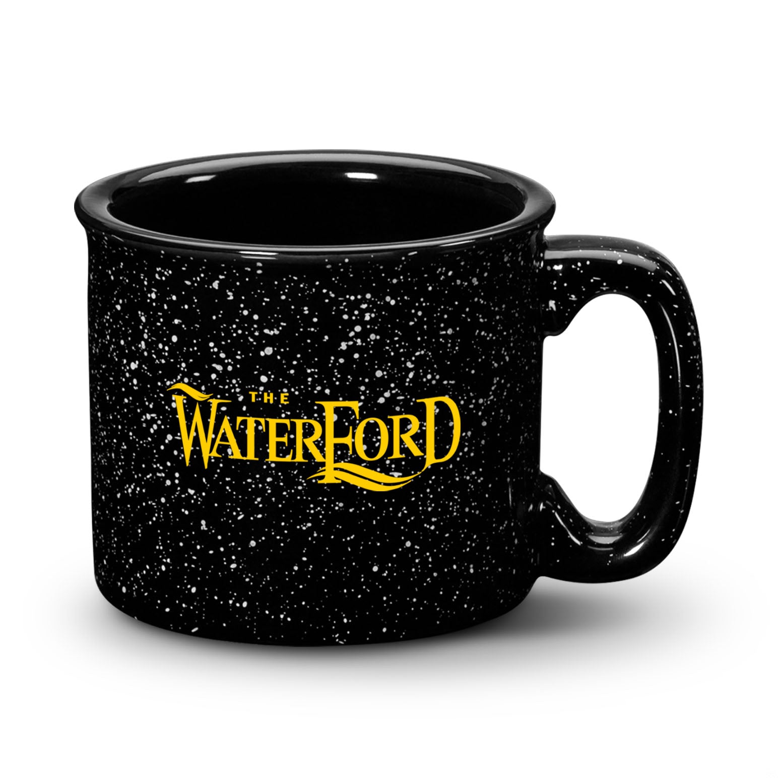 15oz Savannah ceramic mug with black granite-style speckled finish and yellow Waterford logo, ideal for custom branded drinkware
