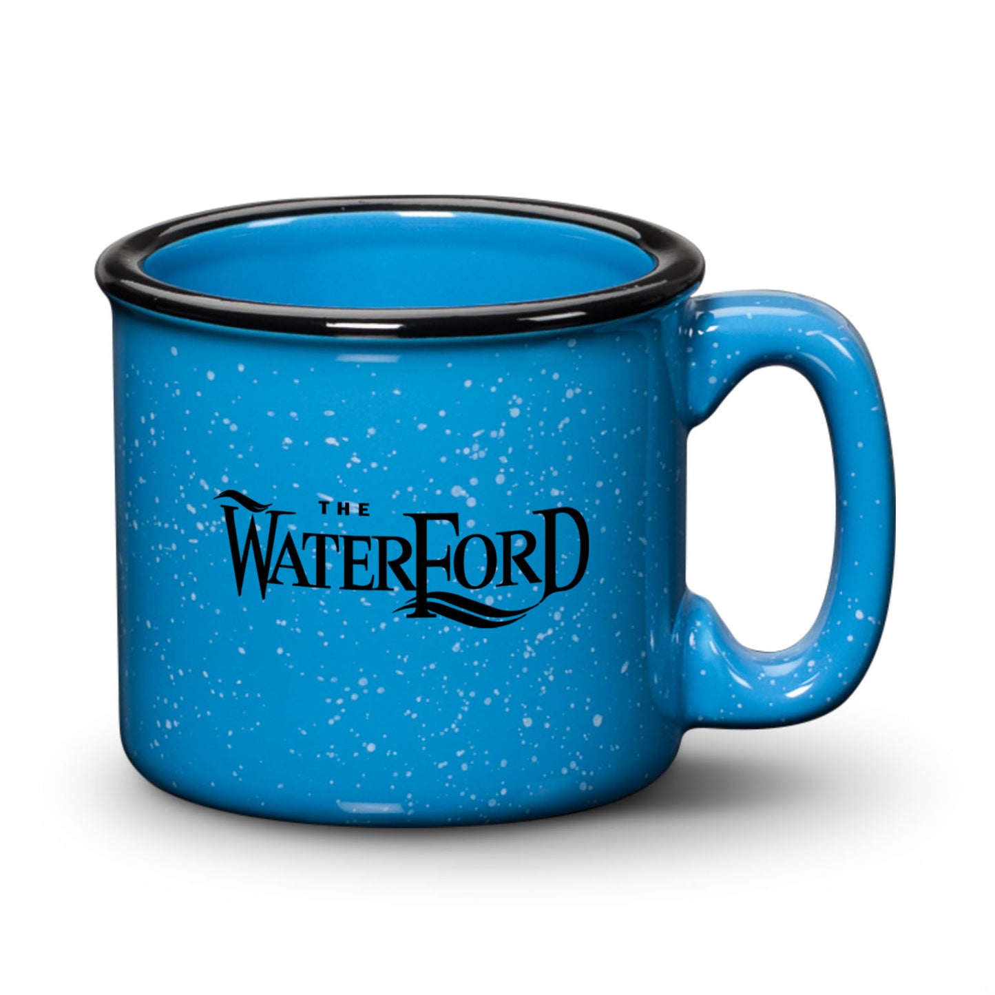 15oz Savannah ceramic mug in bright blue granite-style speckled finish with The Waterford logo in black, ideal for custom promotional drinkware
