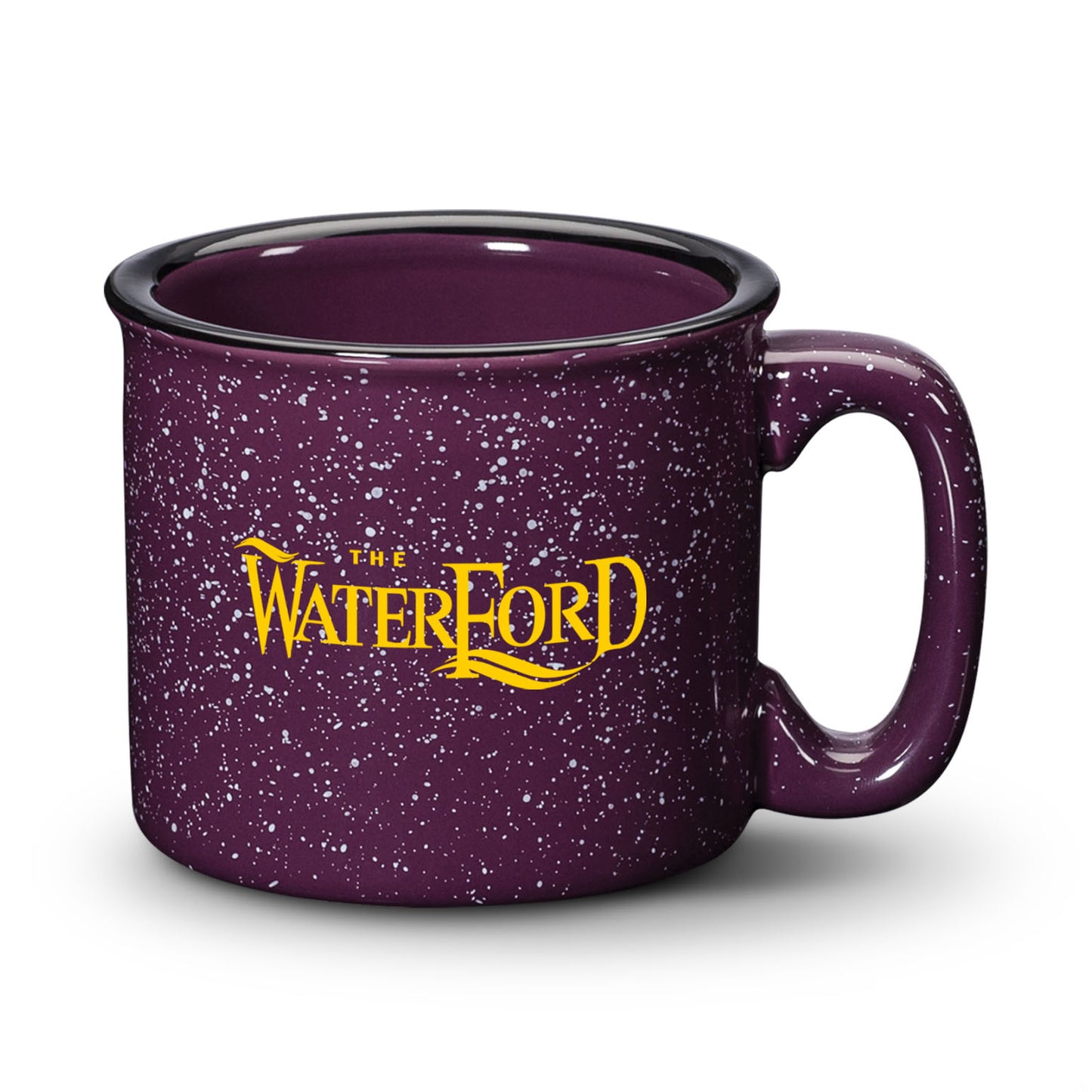 15oz Savannah ceramic mug in purple granite-style speckled finish with The Waterford logo in yellow, perfect for custom drinkware branding
