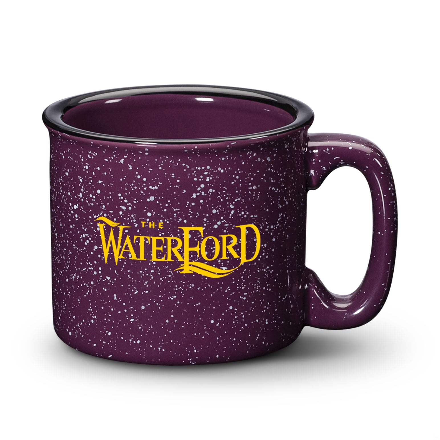15oz Savannah ceramic mug in purple granite-style speckled finish with The Waterford logo in yellow, perfect for custom drinkware branding