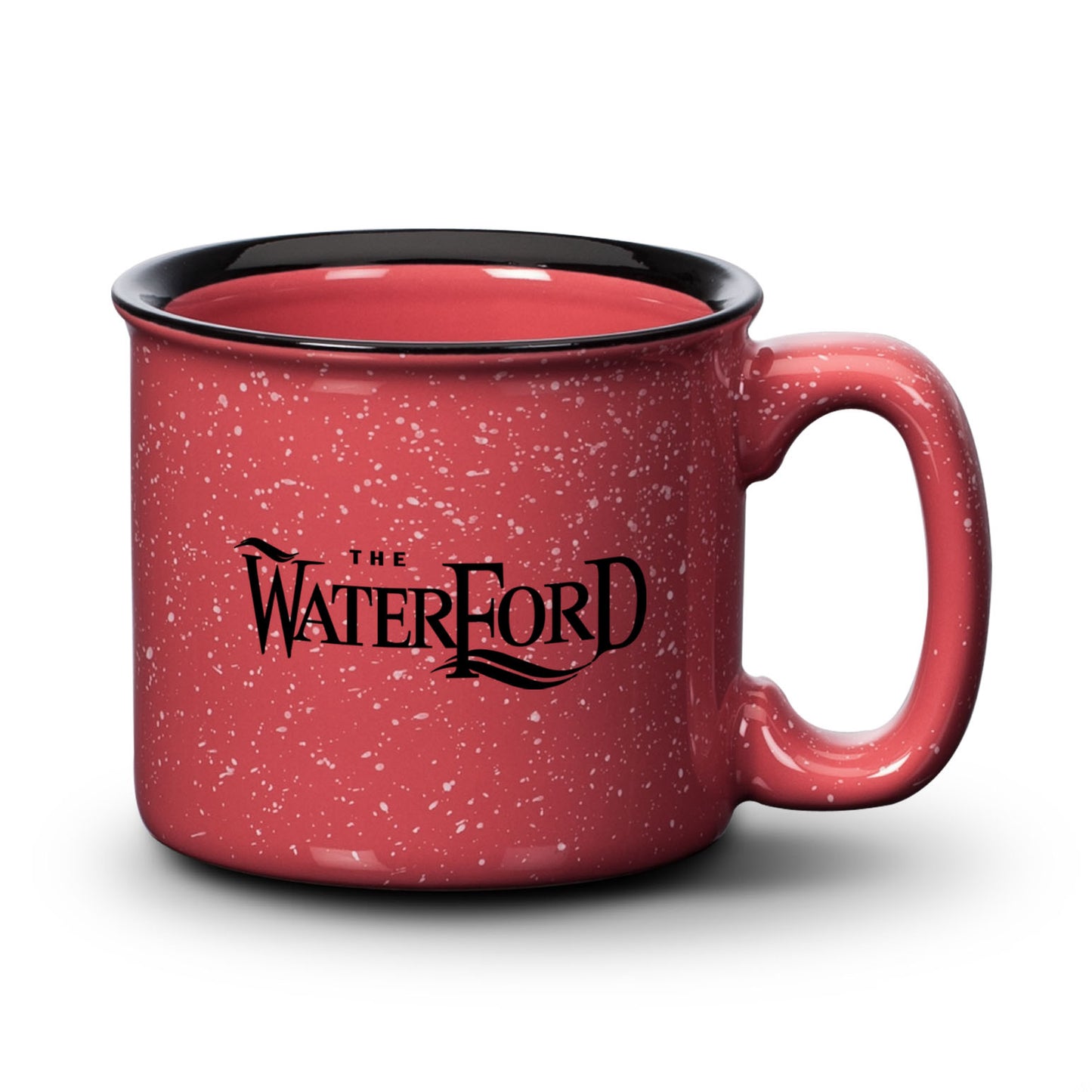 15oz Savannah ceramic mug in red granite-style speckled finish with The Waterford logo in black, perfect for custom promotional drinkware