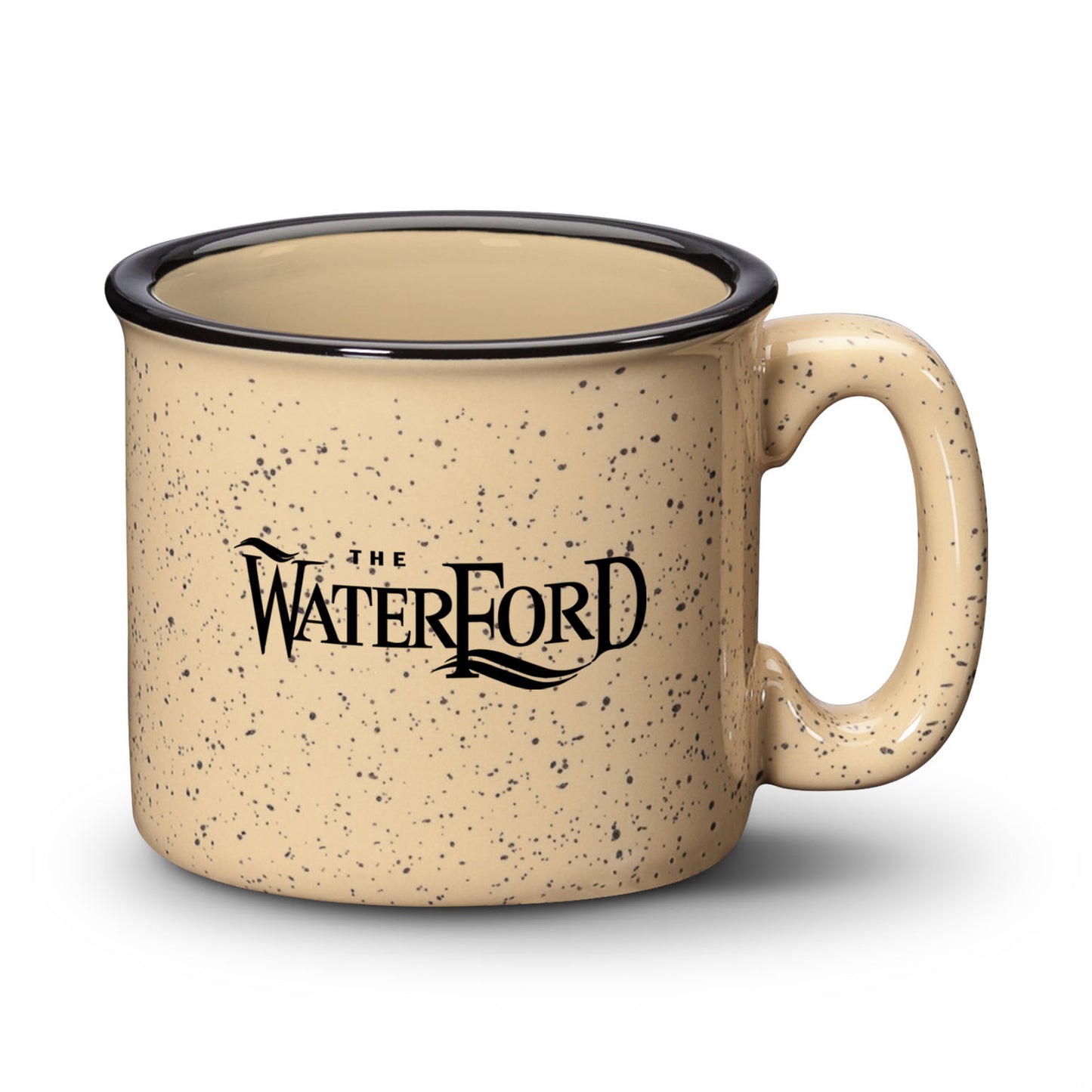 15oz Savannah ceramic mug with granite-style speckled finish and The Waterford logo, ideal for custom branded drinkware