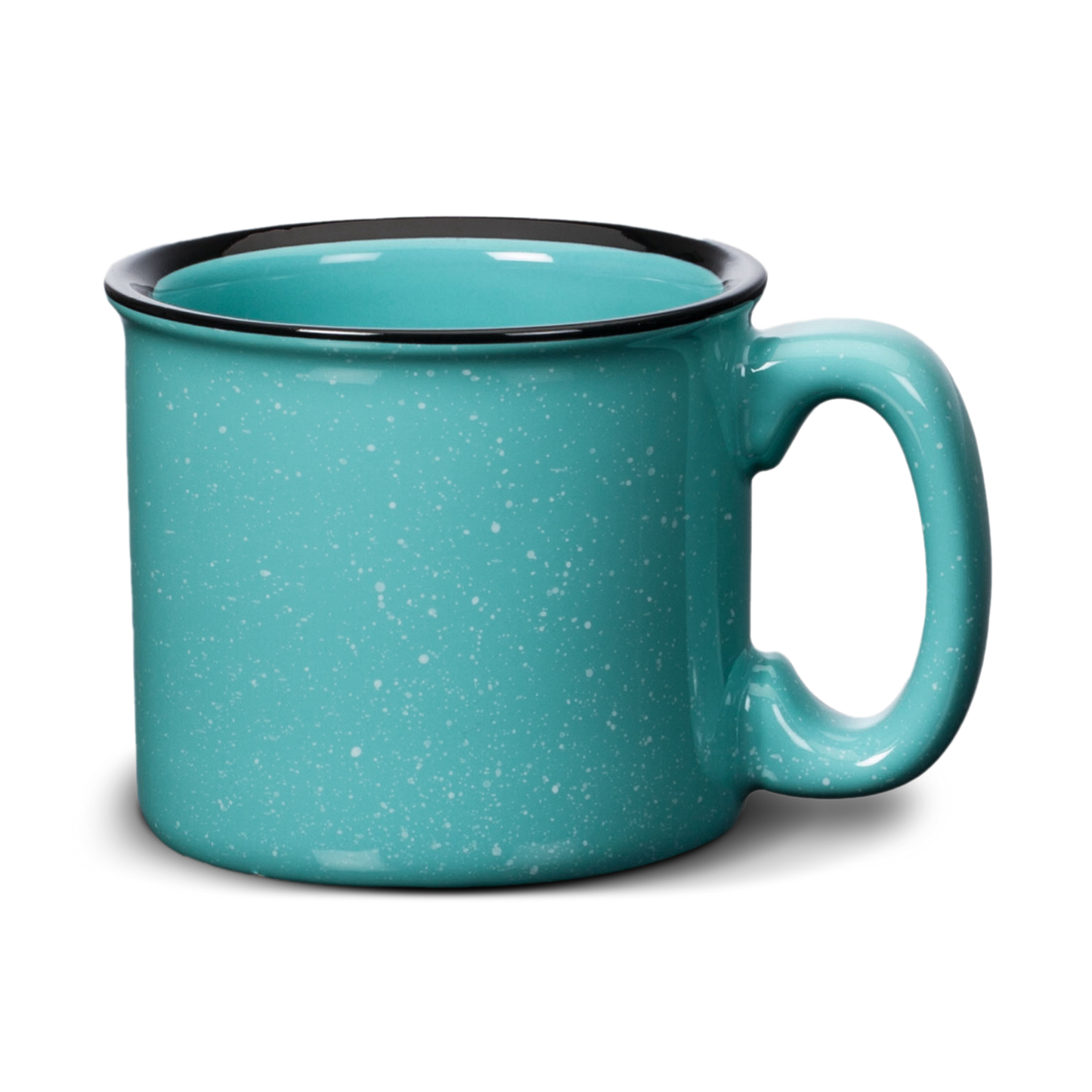Granite-style 15oz Savannah ceramic mug with teal speckled finish and black rim, ideal for coffee or promotional use