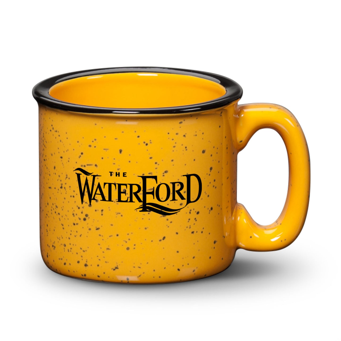 15oz Savannah ceramic mug in yellow granite-style speckled finish with The Waterford logo in black, ideal for custom branded drinkware