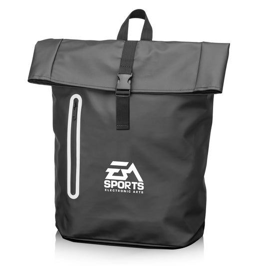 Hazen backpack 15.625"W x 16.75"H x 4.5"D in black with roll-top closure, front zipper pocket, and custom EA Sports logo, laptop compartment included