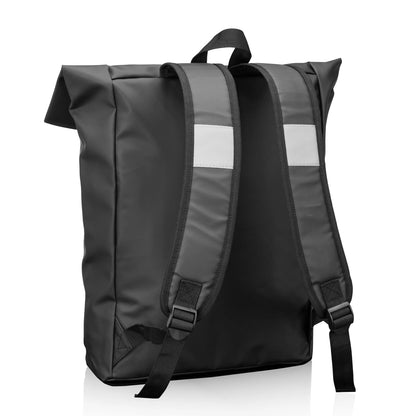 Hazen backpack 15.625"W x 16.75"H x 4.5"D in black, back view showing padded adjustable straps with reflective strips and roll-top design
