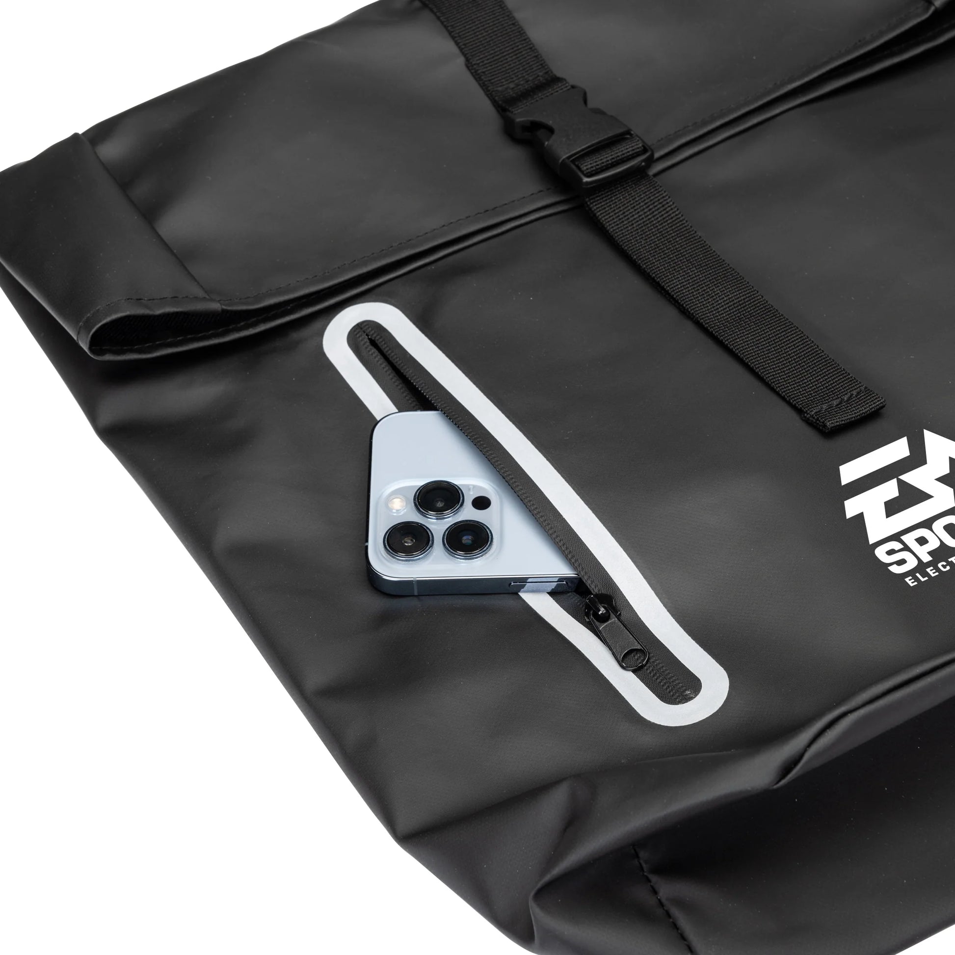 Hazen backpack 15.625"W x 16.75"H x 4.5"D with front zipper pocket partially holding smartphone, black roll-top design with custom EA Sports logo