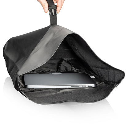 Hazen backpack 15.625"W x 16.75"H x 4.5"D shown open with roll-top closure and padded laptop compartment holding a silver laptop