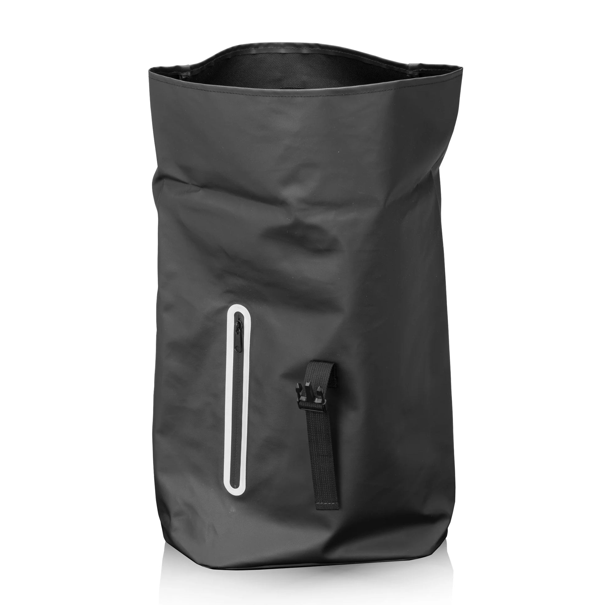 Hazen backpack 15.625"W x 16.75"H x 4.5"D in black, shown unrolled with front zipper pocket and buckle strap