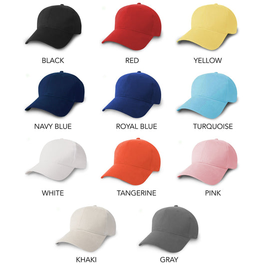 Constructed heavy weight cotton caps in multiple colors including black, red, yellow, navy blue, royal blue, turquoise, white, tangerine, pink, khaki, and gray, displayed in a grid.