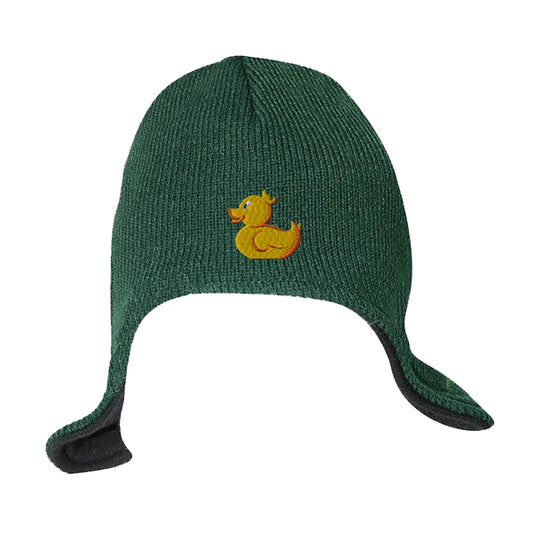 Helmet beanie with fleece insulation in green, featuring an embroidered yellow duck logo on the front.