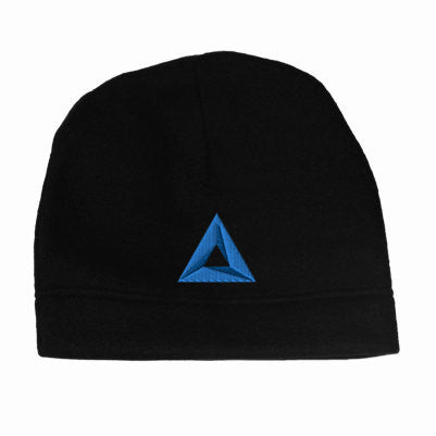 Black hemmed polar fleece beanie with embroidered blue triangle logo on the front