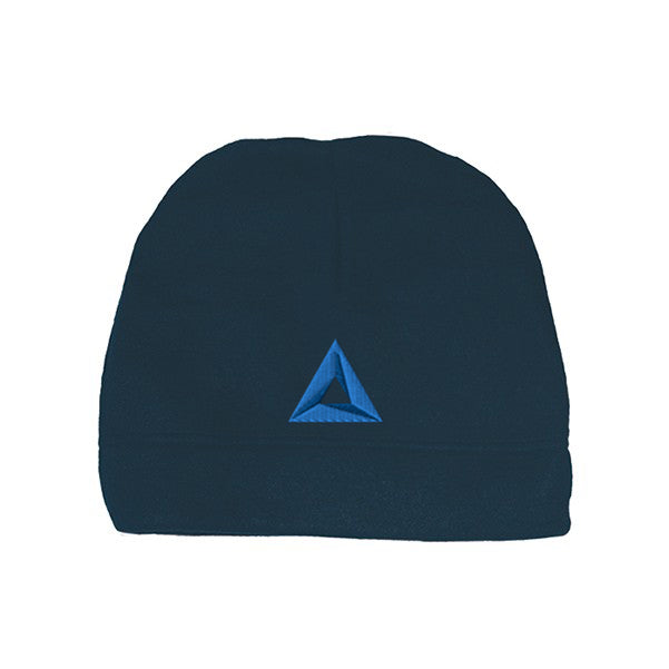 Navy hemmed polar fleece beanie with embroidered blue triangle logo on the front
