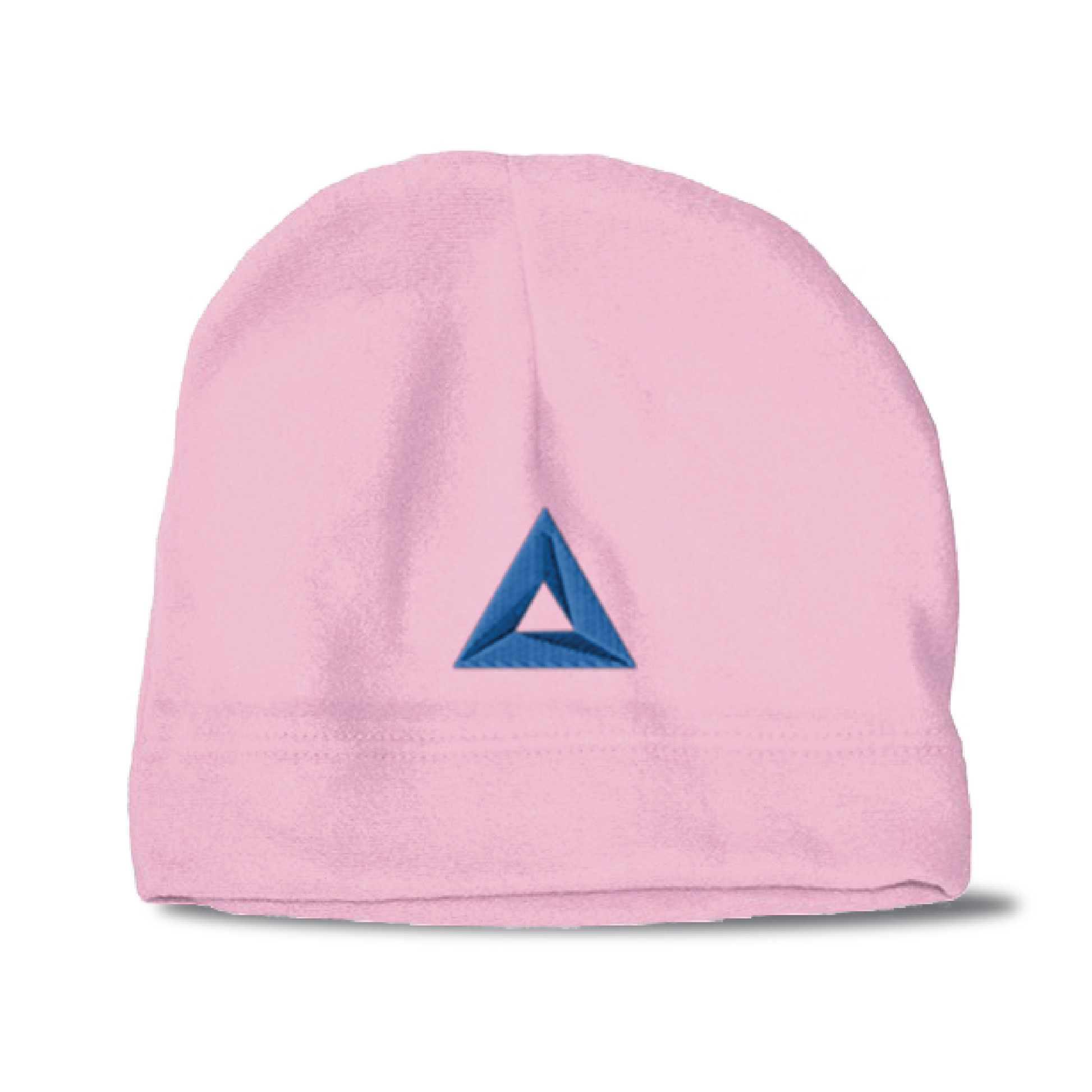 Pink hemmed polar fleece beanie with embroidered blue triangle logo on the front, transparent background