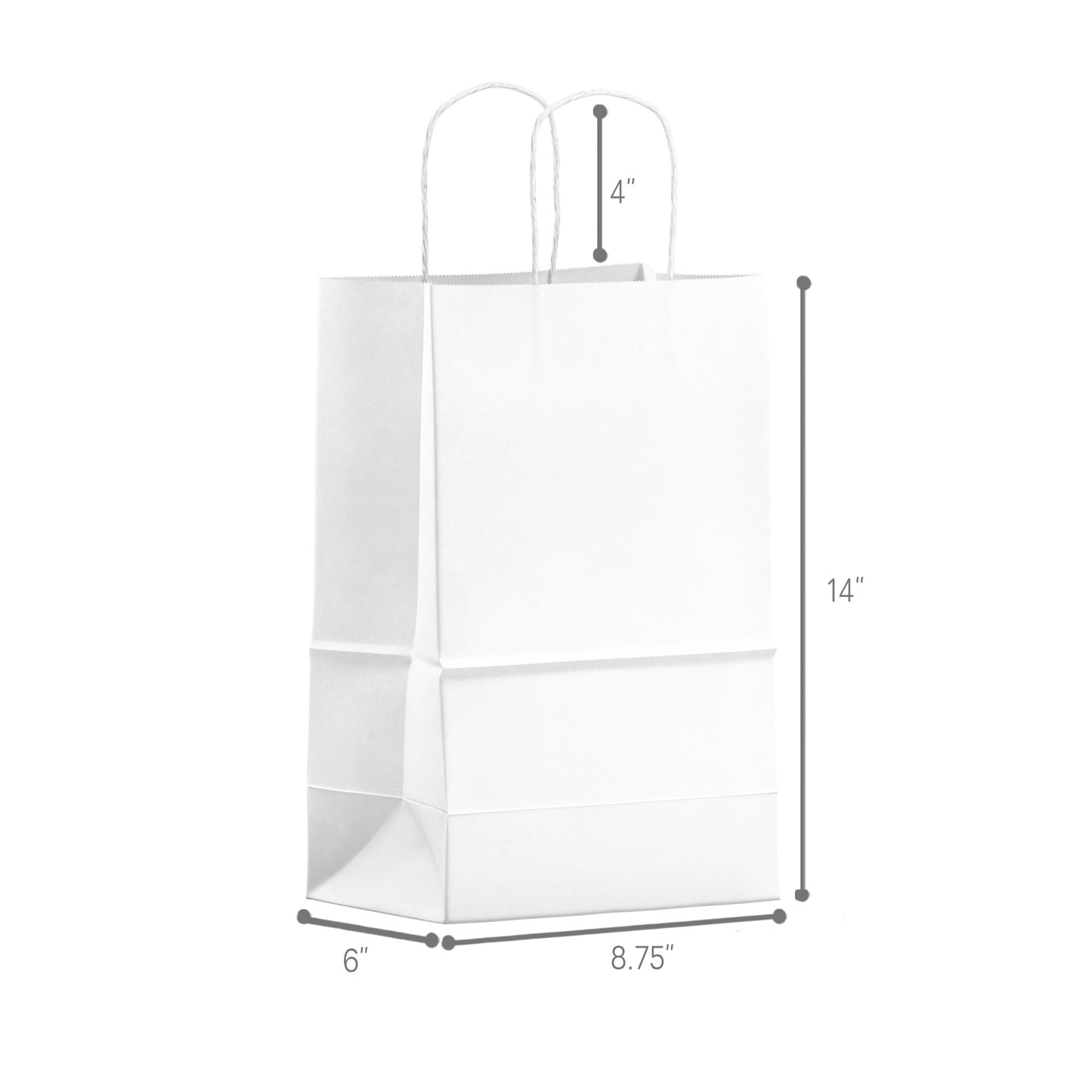 White Paper Shopping Bags with Twisted Handles - 8.75" W x 6" D x 14" H - 250pcs