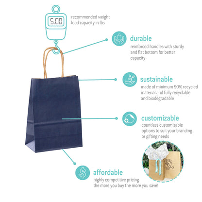 Navy Paper Bag - Mini Size - 5"W x 3"D x 8"H - 250pcs