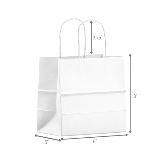 White Paper Shopping Bags with Twisted Handles - 8"W x 5"D x 8"H - 250 pcs