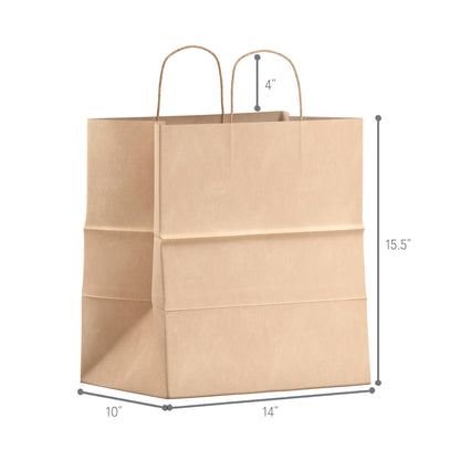 Natural Kraft Paper Shopping Bags - 14" W x 10" D x 15.5" H - 250pcs
