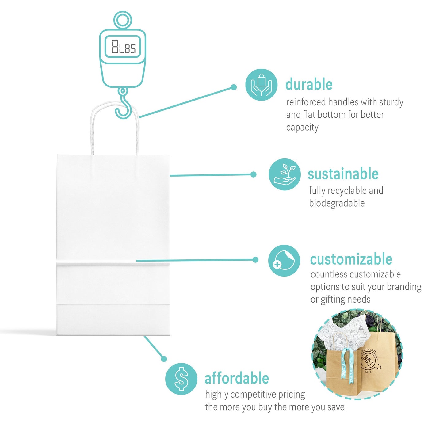 White Paper Shopping Bags with Twisted Handles - 8.75" W x 6" D x 14" H - 250pcs