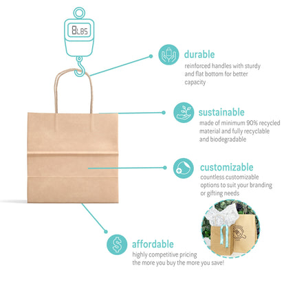 Natural Kraft Paper Shopping Bags with Twisted Handles - 8"W x 5"D x 8"H - 250 pcs