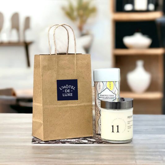 Small kraft paper retail bag with twisted handles and custom logo, ideal for boutique and retail packaging.