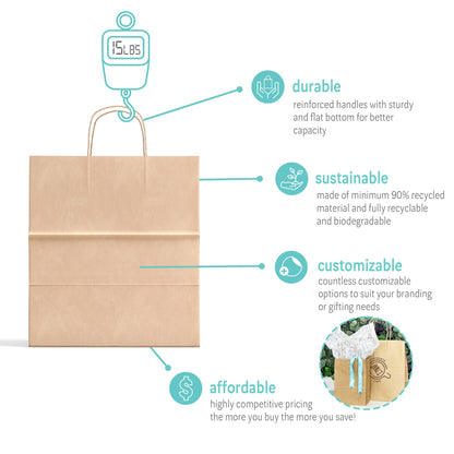 Natural Kraft Paper Shopping Bags - 14" W x 10" D x 15.5" H - 250pcs