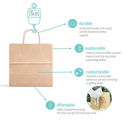 Brown paper bag with features highlighted on a white background
