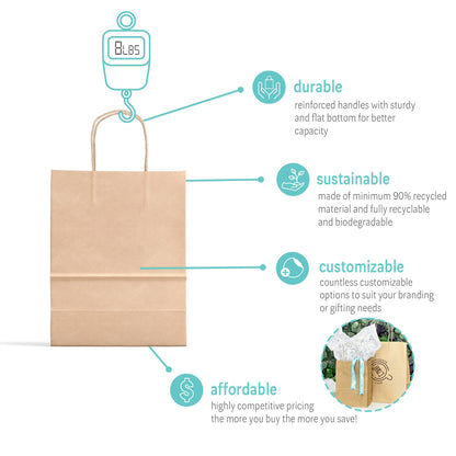 Kraft Paper Bag - Petite Size - 8"W x 4"D x 10"H - 250pcs