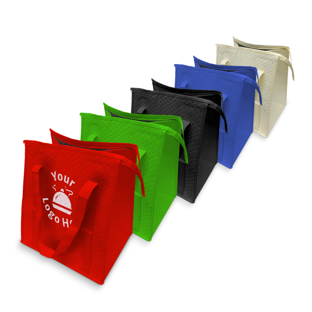 Insulated lunch cooler bags thermal grocery bags 13"W x 10"D x 15"H with 2.5mm insulation, shown in red, green, black, blue, and beige with custom logo print