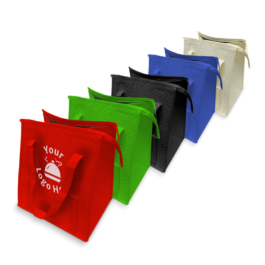 Insulated lunch cooler bags thermal grocery bags 13"W x 10"D x 15"H with 2.5mm insulation, shown in red, green, black, blue, and beige with custom logo print