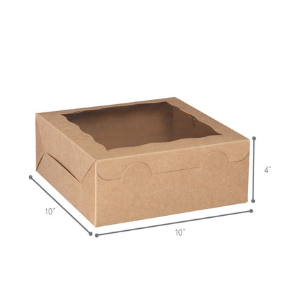 Kraft window bakery box with clear top window, eco-friendly design, 10 inches by 10 inches by 4 inches, ideal for cakes, pastries, and baked goods