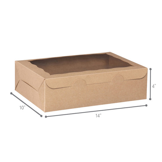 Kraft window bakery box with clear top window, eco-friendly design, 14 inches wide, 10 inches deep, 4 inches high, ideal for cakes, pastries, and baked goods