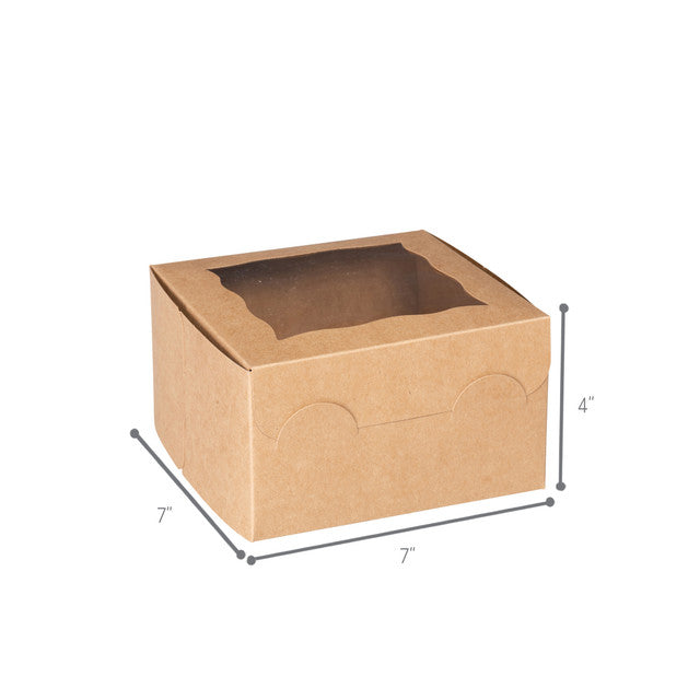 Kraft window bakery box with clear top window, eco-friendly and sturdy design, 7 inches by 7 inches by 4 inches, ideal for small cakes, pastries, and baked goods