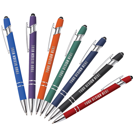 Assorted Kurt soft touch metal pens with stylus tips in blue, purple, orange, green, navy, black, and red, featuring chrome accents and customizable design area.