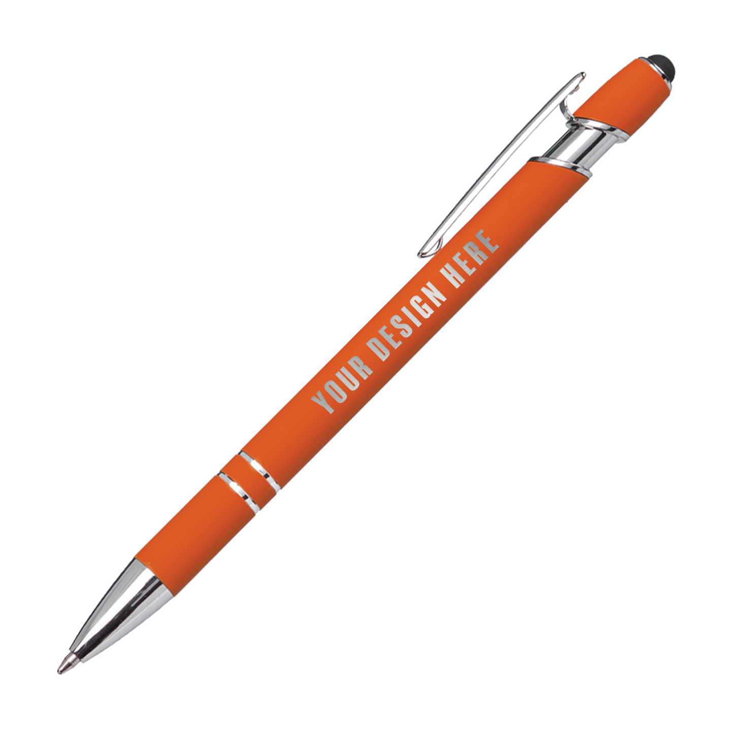 Orange Kurt soft touch metal pen with stylus tip, chrome accents, and customizable imprint area displaying “Your Design Here”.