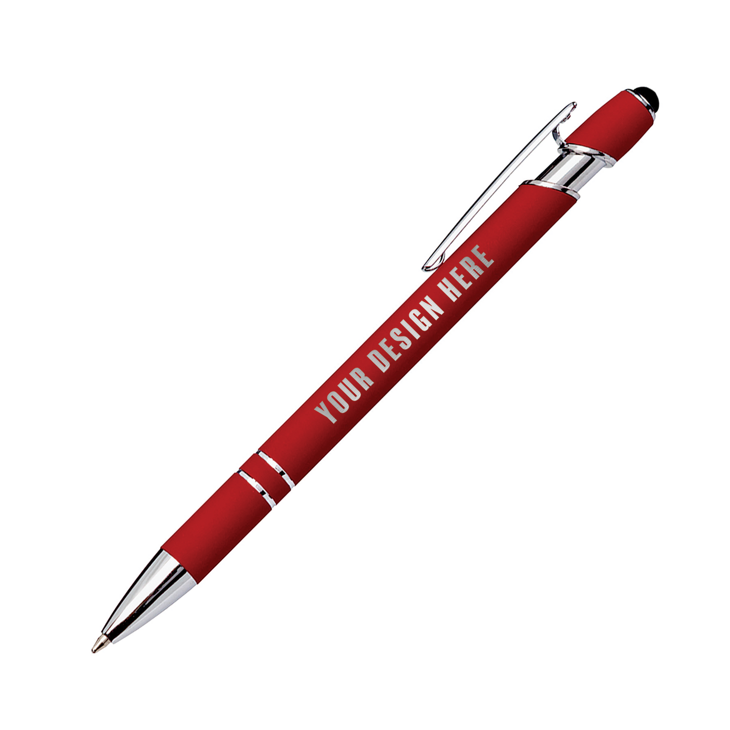 Red Kurt soft touch metal pen with chrome trim, stylus tip, and customizable imprint area labeled “Your Design Here”.