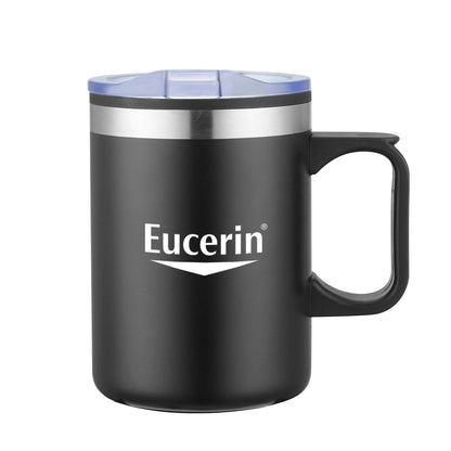 Lou 14oz double wall black camping mug with handle, clear lid, and printed Eucerin logo in white