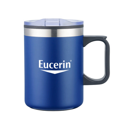 Lou 14oz double wall blue camping mug with handle, clear lid, and printed Eucerin logo in white